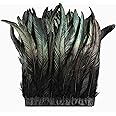 Holmgren Black Rooster Feather Trim - 10-12inch 2 Yards Natural Large Rooster Tail Feathers Fringe Trim for DIY Sewing Crafts, Feather Dress, Cape Shawl, Wings, Halloween Costumes Decoration (Black)