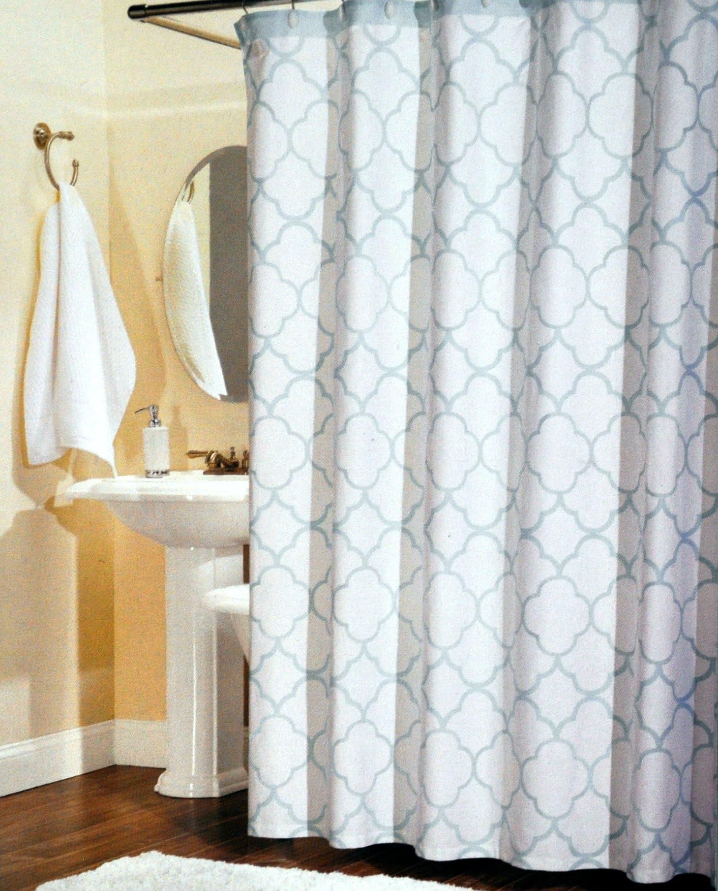 100-Percent Cotton Shower Curtain Moroccan Tile Quatrefoil White Aqua Turquoise Lattice 72-Inch by 72-Inch Shower Curtain