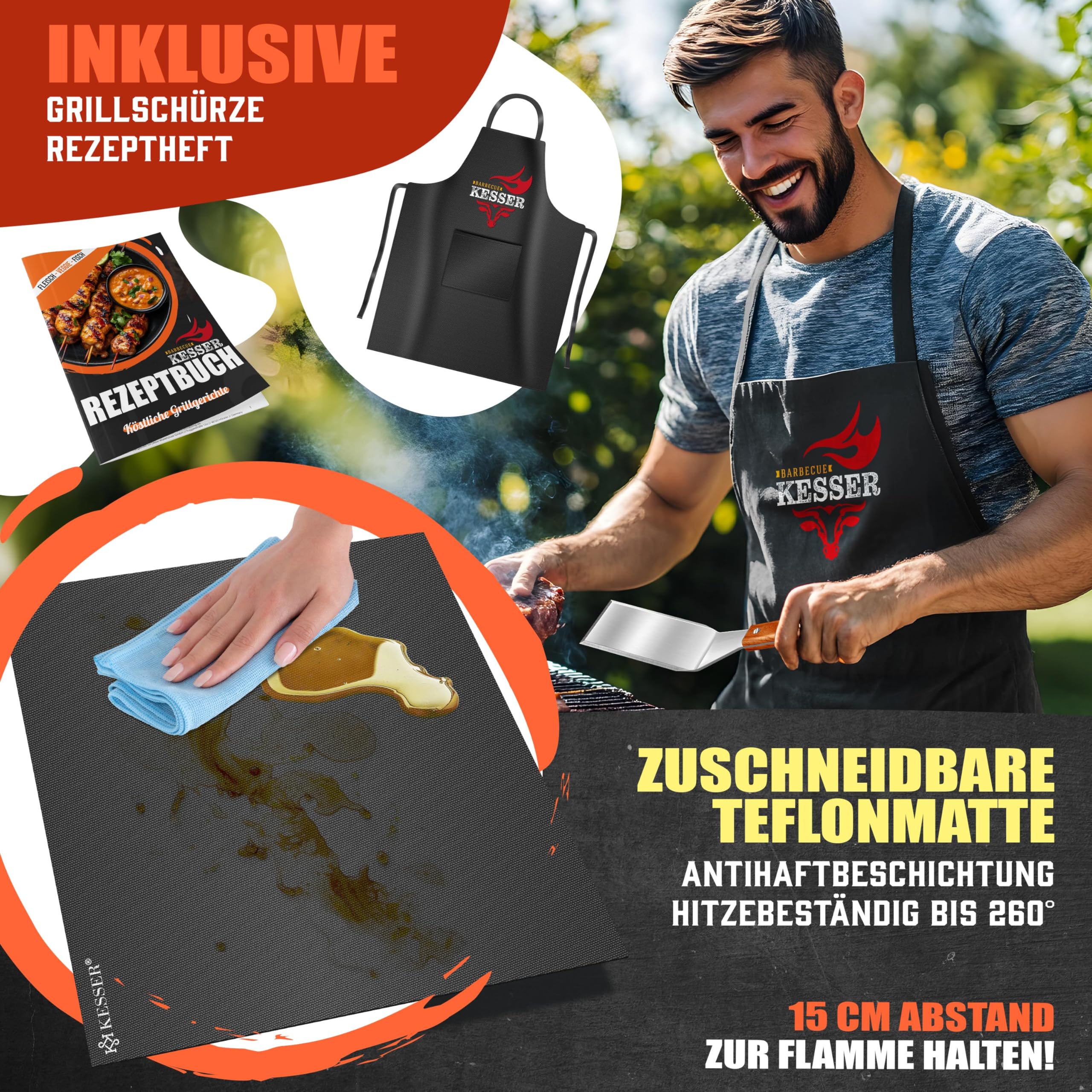 KESSER® Grillplatte Plancha aus Edelstahl 40x30cm rostfrei mit Fettablauf, hitzebeständig bis 800°C & Spülmaschinenfest für Gas & Holzkohlegrill inkl. 2 Spatel, Grillschürze, Grillmatte & Rezeptbuch 9