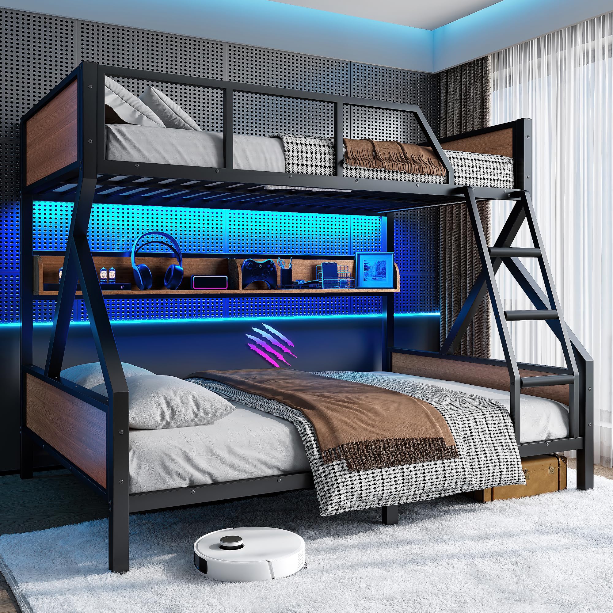 Photo 1 of ***02 boxes***Bellemave Full XL Over Queen Size Bunk Bed with Storage Shelves and LED Lights,Heavy Duty Adult Bunk Beds with Angled Ladder,Metal Queen Bunk Bed,Black