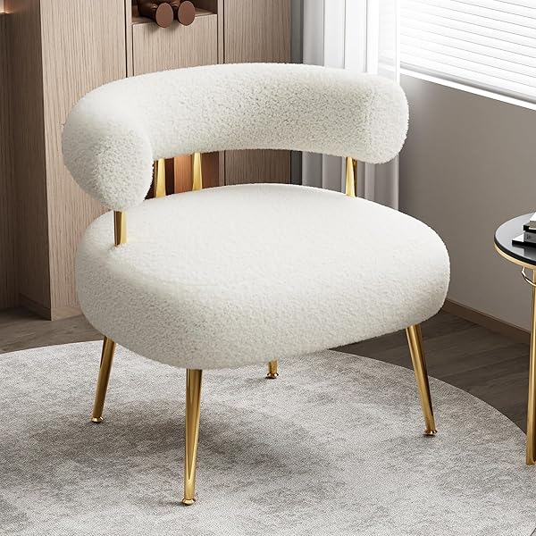 SEYNAR MID CENTURY SHERPA BOUCLE ACCENT CHAIR, ROUND UPHOLSTERED BARREL ARM CHAIR FOR SMALL SPACES, FLUFFY SIDE CORNER SOFA CHAIR FOR LIVING ROOM, BEDROOM, VANITY, OFFICE, READING NOOK(CREAM WHITE)