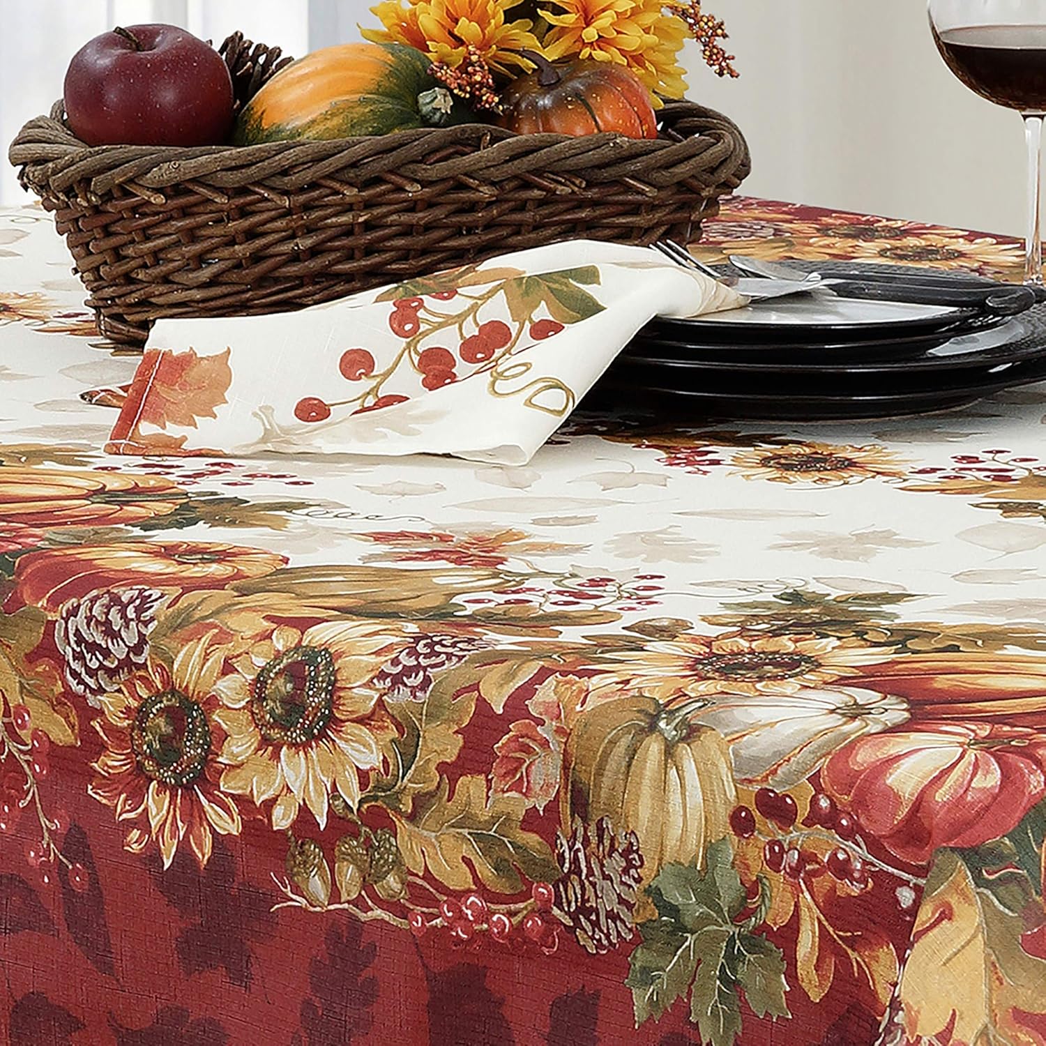 Elrene Home Fashions Swaying Leaves Bordered Fabric Tablecloth for Fall/Thanksgiving/Harvest, 60"x120", Multi: Home & Kitchen