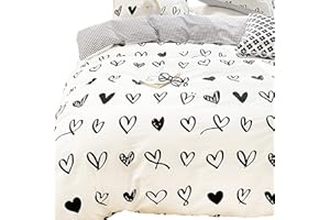 MEJU Heart Love White Black Modern Cute Duvet Cover + Pillowcase 100% Cotton 2 Pcs Twin Bedding Set with Zipper Closure for Kids Boys Girls Bed Decoration Gift (Love, Twin 60" X 80")