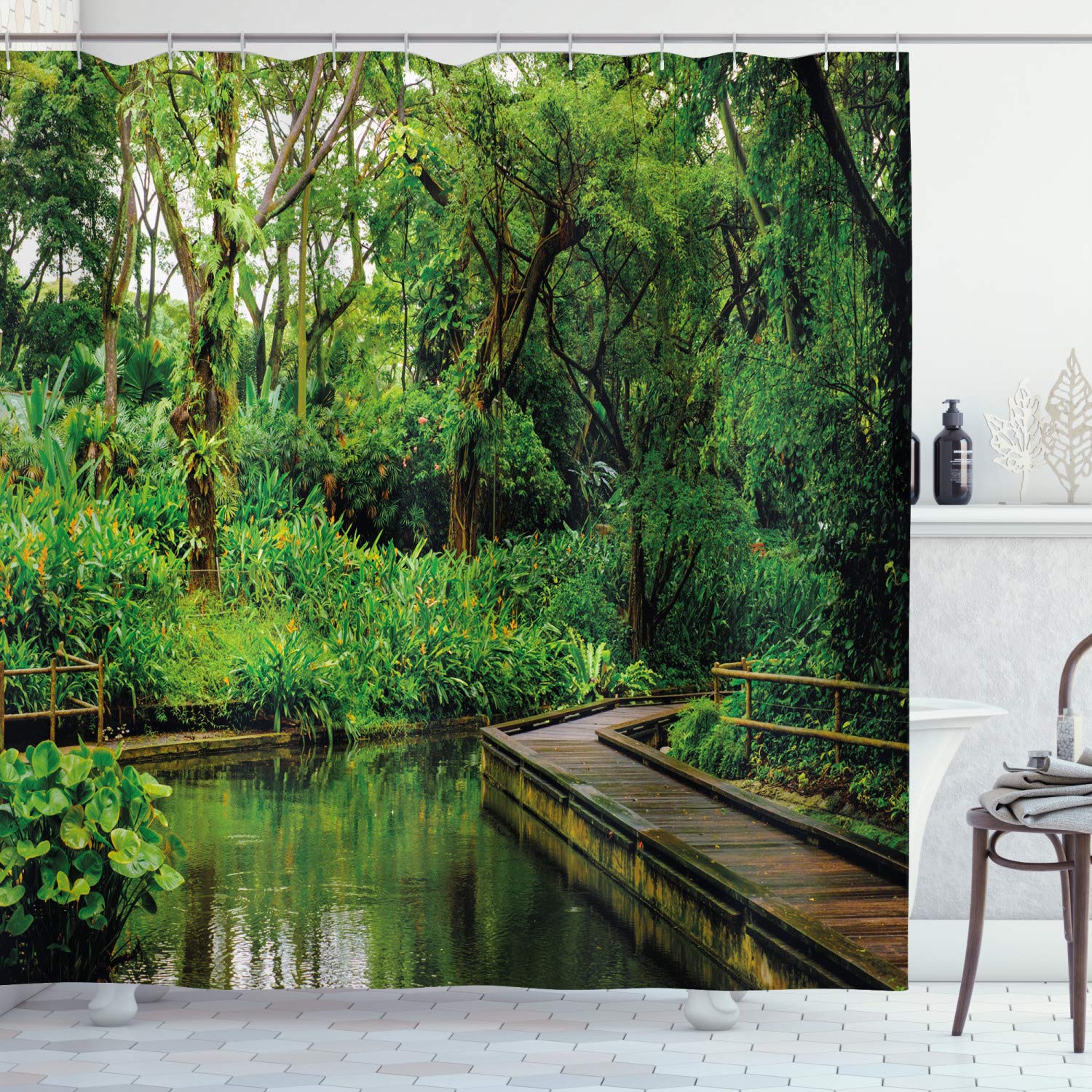 ABAKUHAUS Jungle Shower Curtain, Deep Forest with Wooden Pier and River Refreshing Exotic Nature Wild Image, Cloth Fabric Bathroom Decor Set with Hooks, 86 Inches Extra Long, Hunter Green Brown