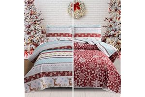 GREEN ESSEN Reversible Xmas Quilts King Size Christmas Bedding Bedspread Lodge Cabin Moose Coverlet Lightweight Rustic Reindeer Elk Snowflake Bed Set Red Blue Green Stripe Quilt Set