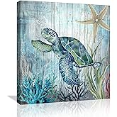 Sea Turtle Bathroom Wall Decor Modern Canvas Framed Art Ocean Theme Blue-Green Painting 14x14in for Bedroom, Home Office & Kitchen