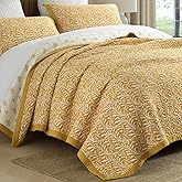 SahSahCasa Quilt Set King Size, 100% Cotton Quilt Bedding Set Bedspread, Botanical Pattern Solid Color Chic Lightweight Quilted Comforter for King Bed, Mustard Yellow, All Season, 3 Pieces