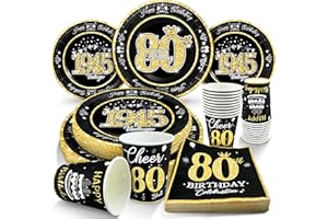 algpty 80th Birthday Decorations Black and Gold, Service for 30, Vintage 80th Birthday Party Supplies Includes Black Vintage 1945 Plates, Napkins, Cups, Plates and Napkins for Men Women
