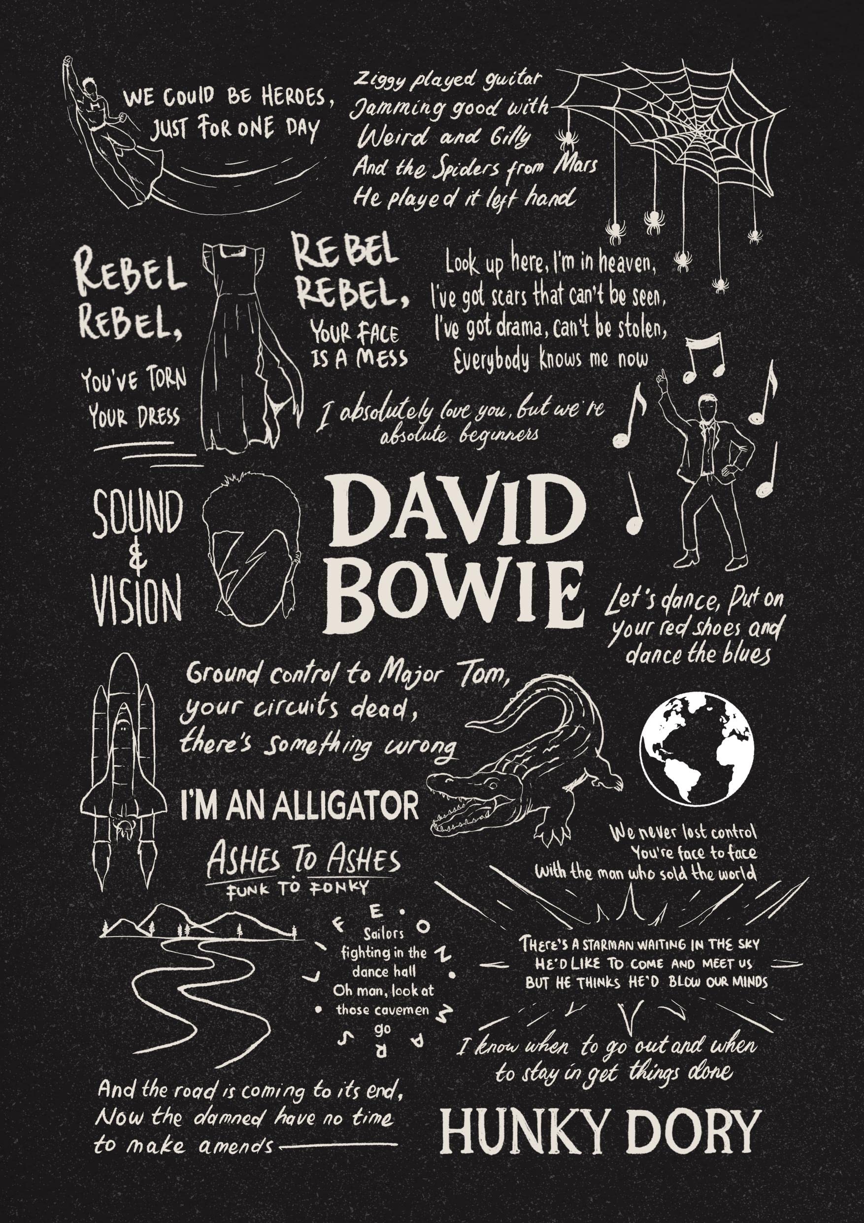 David Bowie Doodle Lyric Poster - Bowie Artwork Gift for Music Fans - A4 Unframed Black Chalkboard