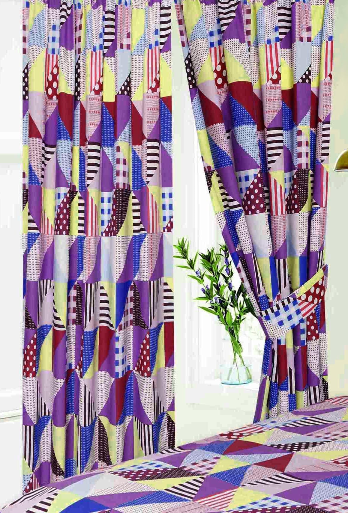 Men Only 66" x 72" Geo Patchwork Berry Curtains With Tie Backs, Pencil Pleat, Geometric Shapes Squares Triangles Gingham Check Polka Dot Spots Lines Stripes, Purple Aubergine Cream Pink Blue
