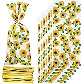 Tenare 100 Pieces Sunflower Cellophane Bags Sunflower Party Reception Bags Party Treat Candy Plastic Goodie Storage with 150 Pieces Gold Twist Ties for Party Favors