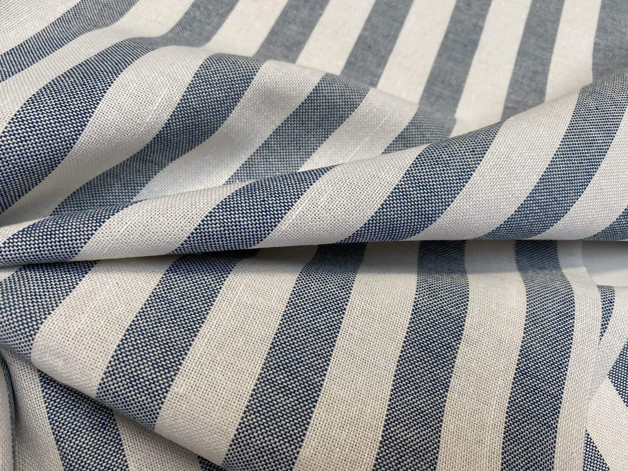 Linen Look White Stripes Culla Fabric Furnishing Curtain Upholstery Dressmaking Cotton Material 140cm Wide Canvas (Denim Blue, 2 Metres)