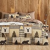 Wake In Cloud - Rustic Comforter Set, Cabin Western Christmas Holiday Country Theme with Bear Deer Lodge Patchwork, Soft Lightweight Bedding, 3 Pieces, Taupe Brown, King Size