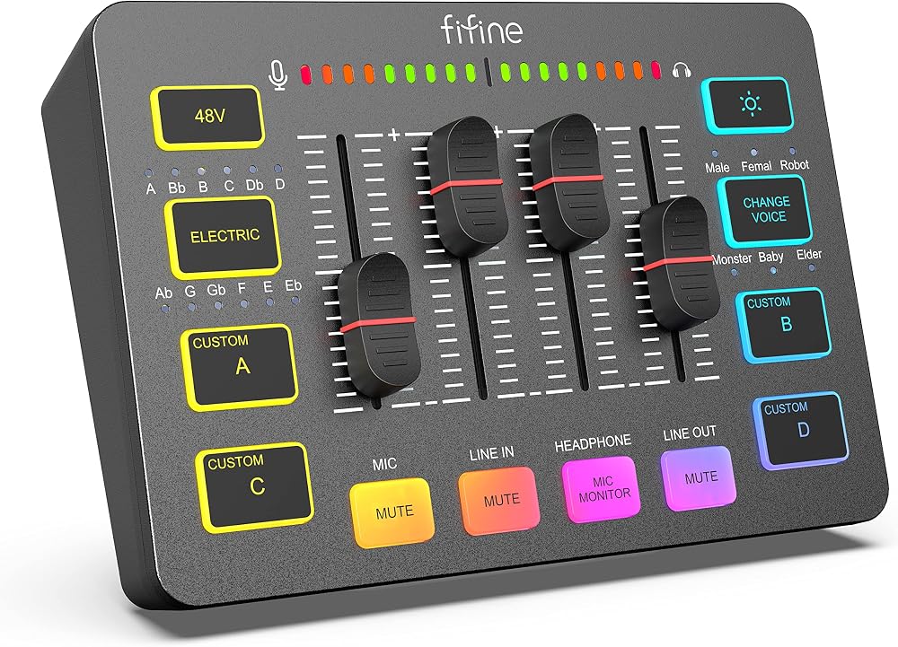 FIFINE Gaming Audio Mixer for Streaming RGB PC Interface DJ Mixer with XLR