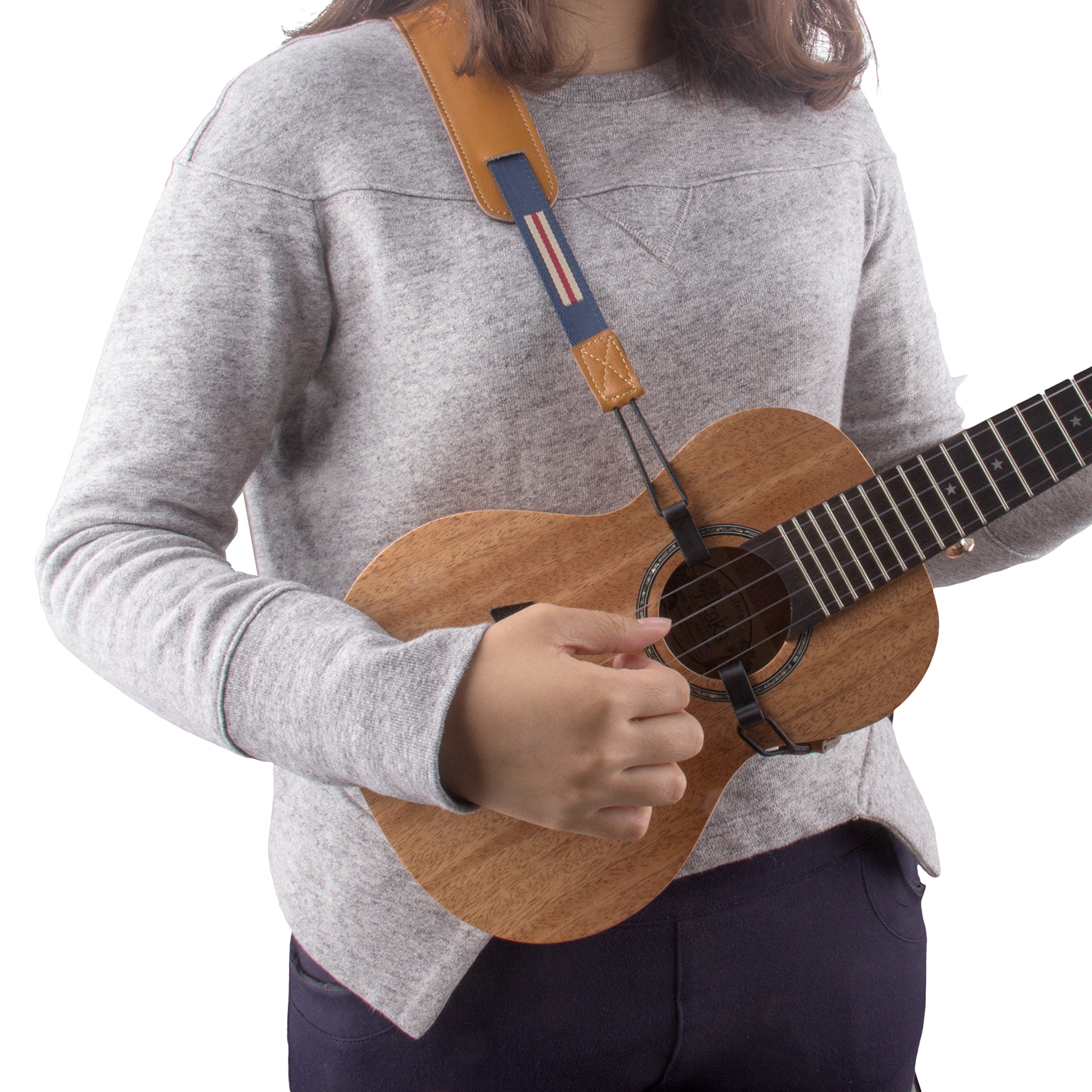 Mugig Correa ajustable cuero para ukelele de hecho a mano,listada denim tejido y cuero suave
