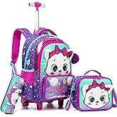 Meetbelify Rolling Backpack with Wheels for Girls Kids Cute Cat Rolling Backpack with Lunch Bag and Pencil Case Set Kids Travel Luggage for Elementary Girls Ages 5-12