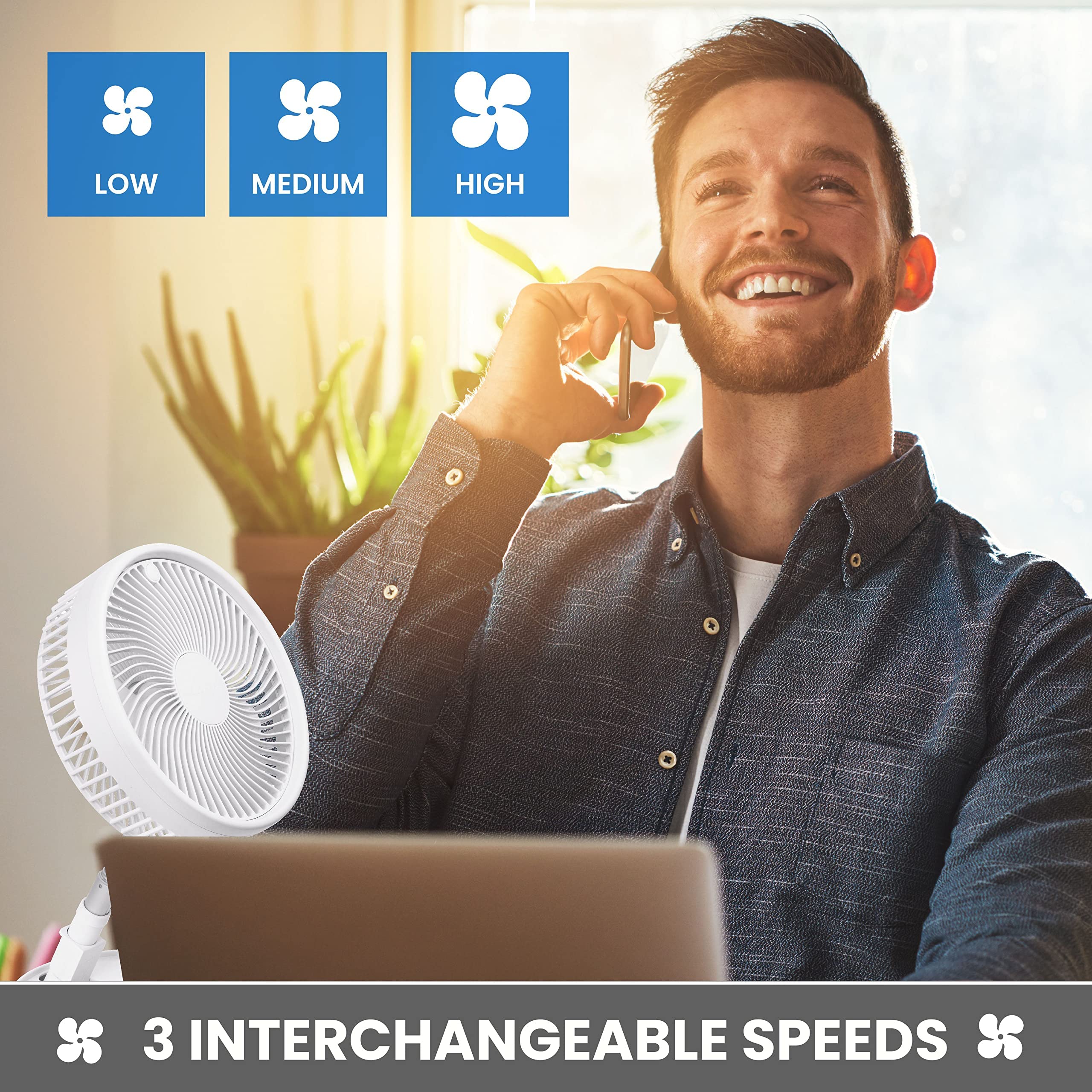 MyFoldaway Portable Fan for Travel, USB Rechargeable Cordless Portable Fans for Desk, Home, Camping, Sleeping, Lightweight Compact & Foldable Travel Fan, Pedestal Extends from 4-40”, Quiet, 3 Speeds