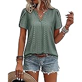 Bulotus Women Summer Tops Boho Short Sleeve Blouse Business Casual Tops Loose Fit Floral Tunic Beach Vacation Oufits