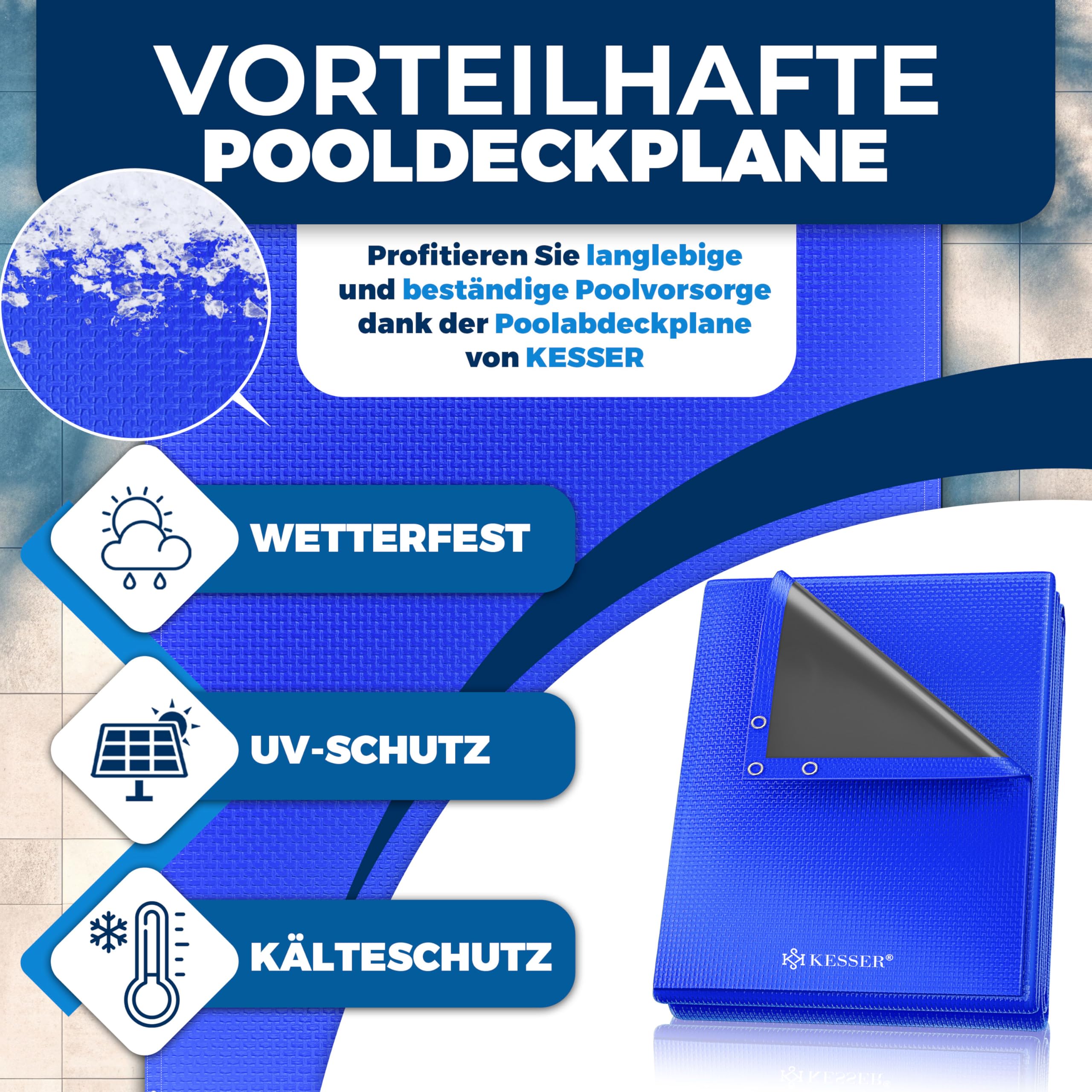 KESSER® Solar Poolabdeckung Pool Abdeckplane Rechteckig 304x210cm Poolplane 200g/m² PE Material Inkl. Stahlseil + Seilspanner mit Ösen Solarplane Abdeckung UV-resistent, Wetterfest für Sommer & Winter 4