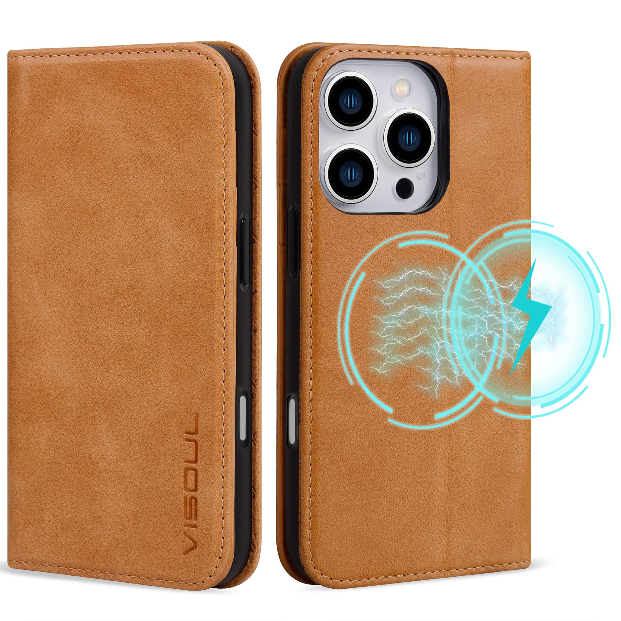 VISOUL Oil Waxed Genuine Leather Wallet Case Compatible with iPhone Pro 16 6.3-inch 5G 2024 with Wireless Charging, 3 Card Slot, Kickstand, Magnetic Flip Cover, Shockproof TPU Shell-Yellow