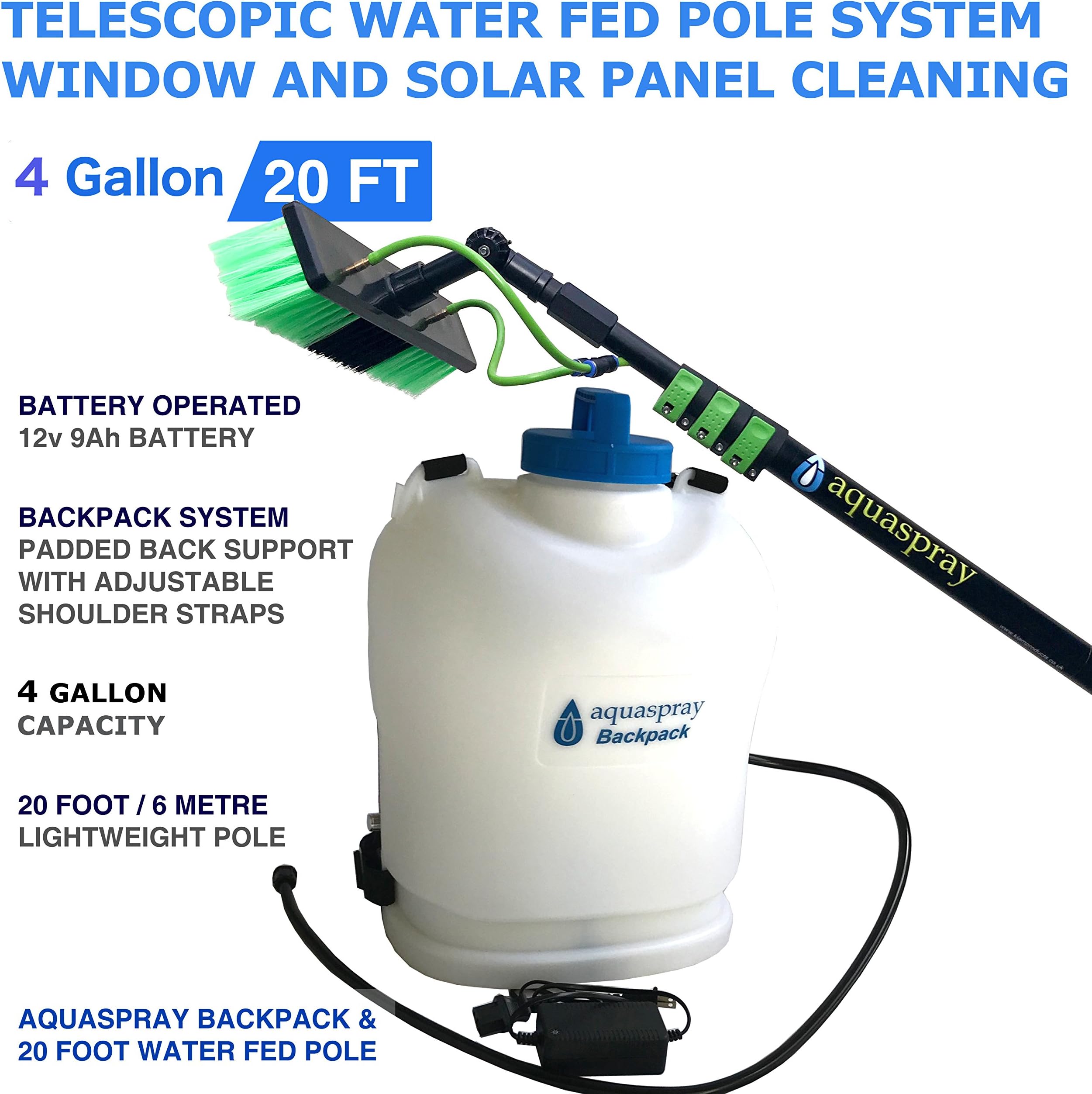 Outdoor Window Cleaner Window Cleaning Tool (Glass,Solar Panel,etc) 5-in-1 Kit: 20 Feet Water Fed Pole, Scrubber Brush, Spray Washer, Portable 4.2 Gallon Tank Backpack, & Power Pressure Pump