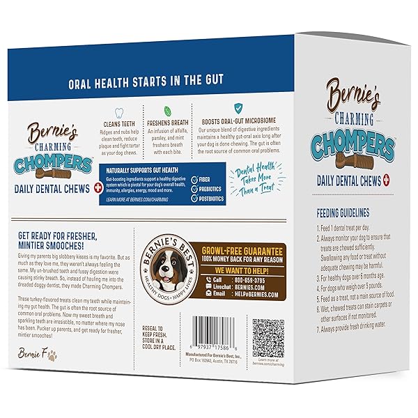 BERNIE’S CHARMING CHOMPERS – DAILY DENTAL CHEWS FOR DOGS 26-50 LBS. – 36 COUNT – CLEANS TEETH, FRESHENS BREATH, + BOOSTS ORAL-GUT MICROBIOME. EASY TO DIGEST, SUPPORTS HEALTHY DIGESTION NATURALLY