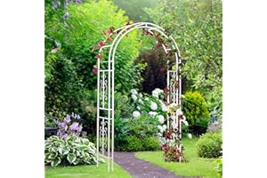 Evergreen Plow & Hearth Montebello White Garden Arbor - 7 Feet Tall | Slim Metal Arch with Iron Trellis for Climbing Plants | Elegant Wedding Arbor | Outdoor Patio & Garden Decor