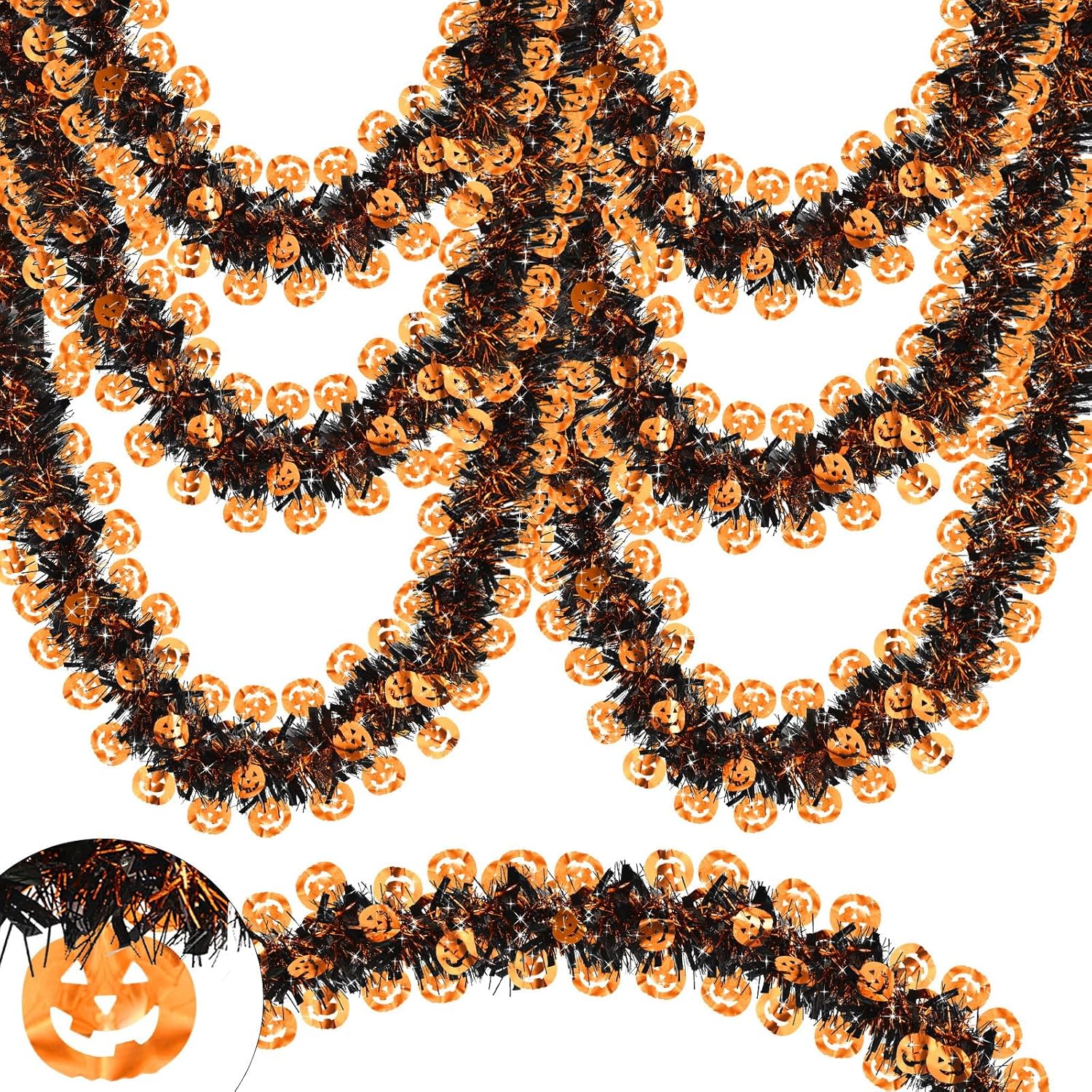 Wreaths, Garlands & Swags - SURCVIO 2 Pack 66 FT Halloween Tinsel Garland Decor Black Orange Pumpkin Metallic Halloweens Decoration Tinsel Twist Garland for Halloween Party Home Indoor Outdoor Wall Porch Railing Ornaments