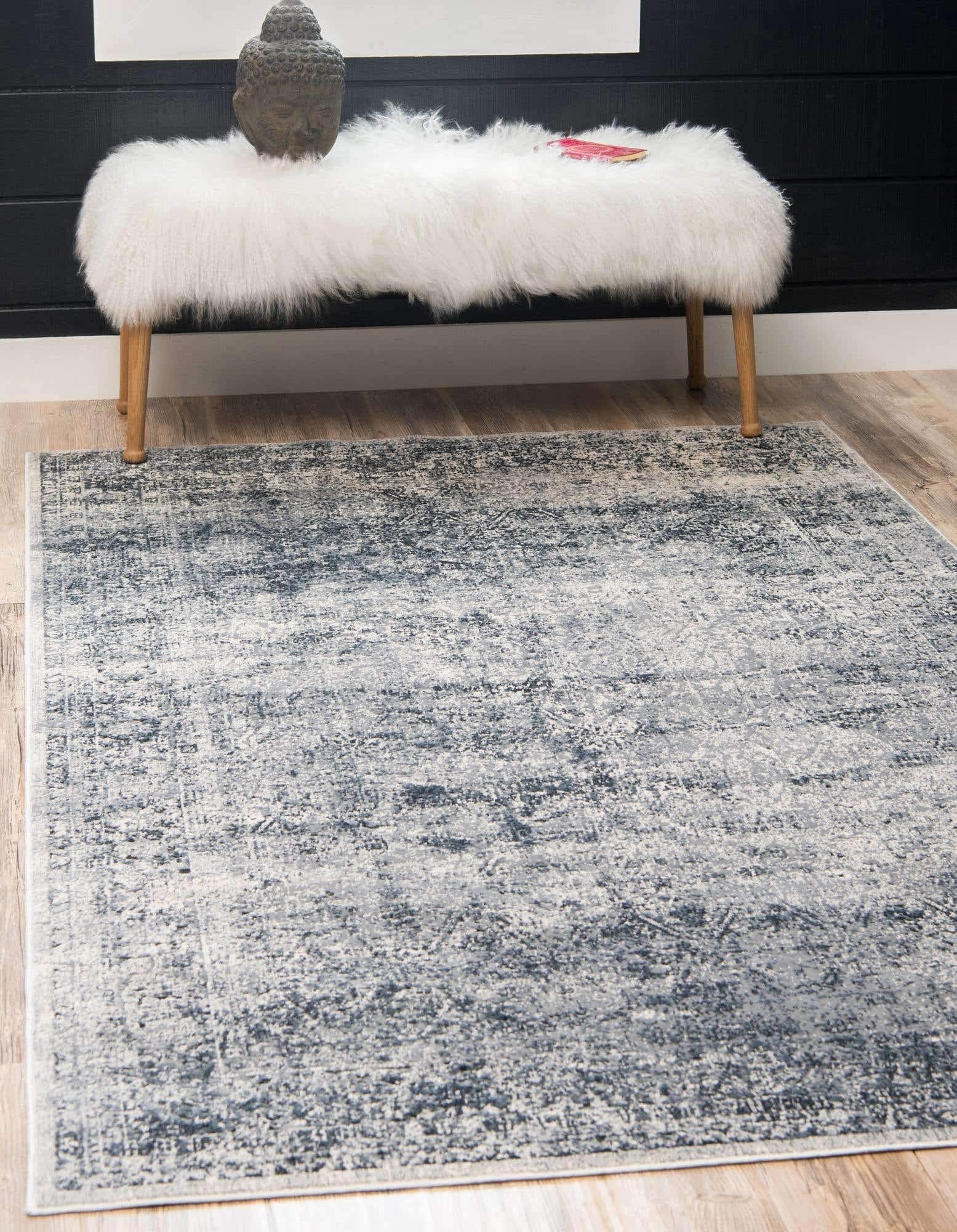 Unique Loom Chateau Collection Distressed, Textured, Vintage, Border, Rustic, Traditional Area Rug, 8 ft x 10 ft, Navy Blue/Beige