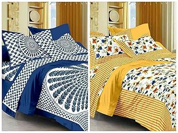 Suraaj Fashion Jaipuri Cotton Double Bedsheets Combo with 4 Pillow Covers (Multicolour) - Pack of 2