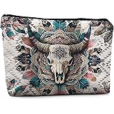Absnfatu Boho Western Makeup Bag, Western Bull Skull Aztec Cosmetic Bag Toiletry Bag, Western Gifts for Women, Cowgirl Gifts, Country Girl Gifts, Western Stuff for Women, Western Makeup Pouch