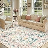Lahome Large Rugs for Living Room, Boho Machine Washable 8x10 Area Rugs Girls Bedroom Decor, Ultra-Thin Soft Distressed Floral Carpets Non Slip for Office Dining Room, Pink/Multi