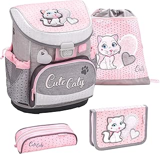 Belmil ergonomischer Schulranzen Set 4 -teilig für Mädchen 1, 2 Klasse Grundschule/Super Leicht 750-800 g/Brustgurt/Katze, Cat/Grau, Grey, Pink, Rosa (405-33 Cute Caty)