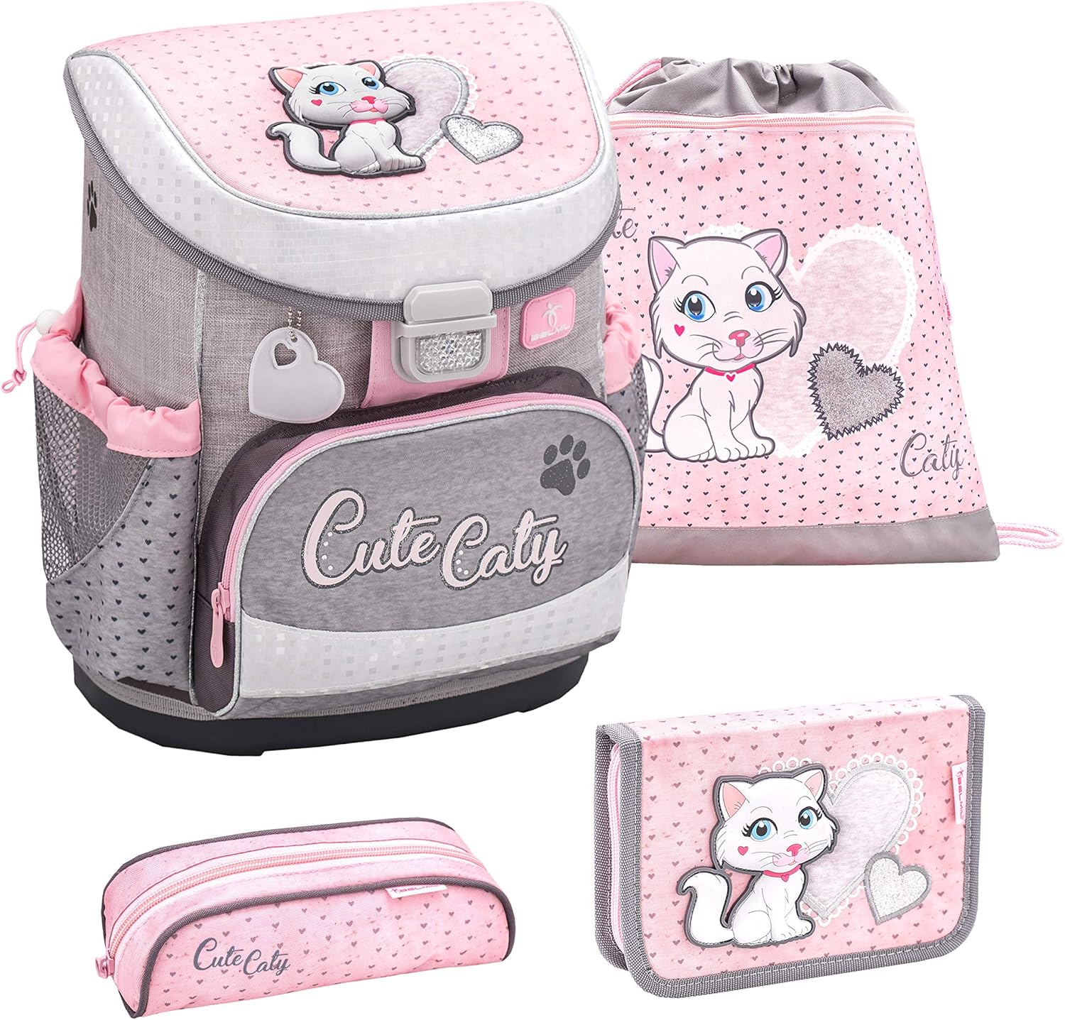 Belmil ergonomischer Schulranzen Set 4 -teilig für Mädchen 1, 2 Klasse Grundschule/Super Leicht 750-800 g/Brustgurt/Katze, Cat/Grau, Grey, Pink, Rosa (405-33 Cute Caty)