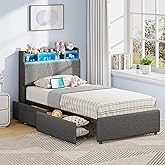 LIKIMIO Twin Bed Frame with 2 Storage Drawers, Charging Station & LED Lights, Upholstered Platform Twin Bed with Storage Headboard, Strong Wooden Slats, No Box Spring Needed, Easy Assembly, Grey