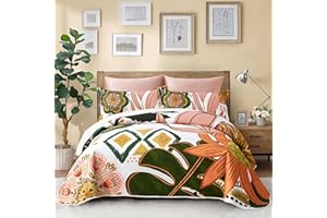 Tyrot 3 Piece Boho Floral King Size Quilt Sets Farmhouse Botanical Reversible Lightweight Bedspread Coverlet with 2 Shams Mid Century Leaves Microfiber Bedding Quilts Set for All Season, 106''x96''
