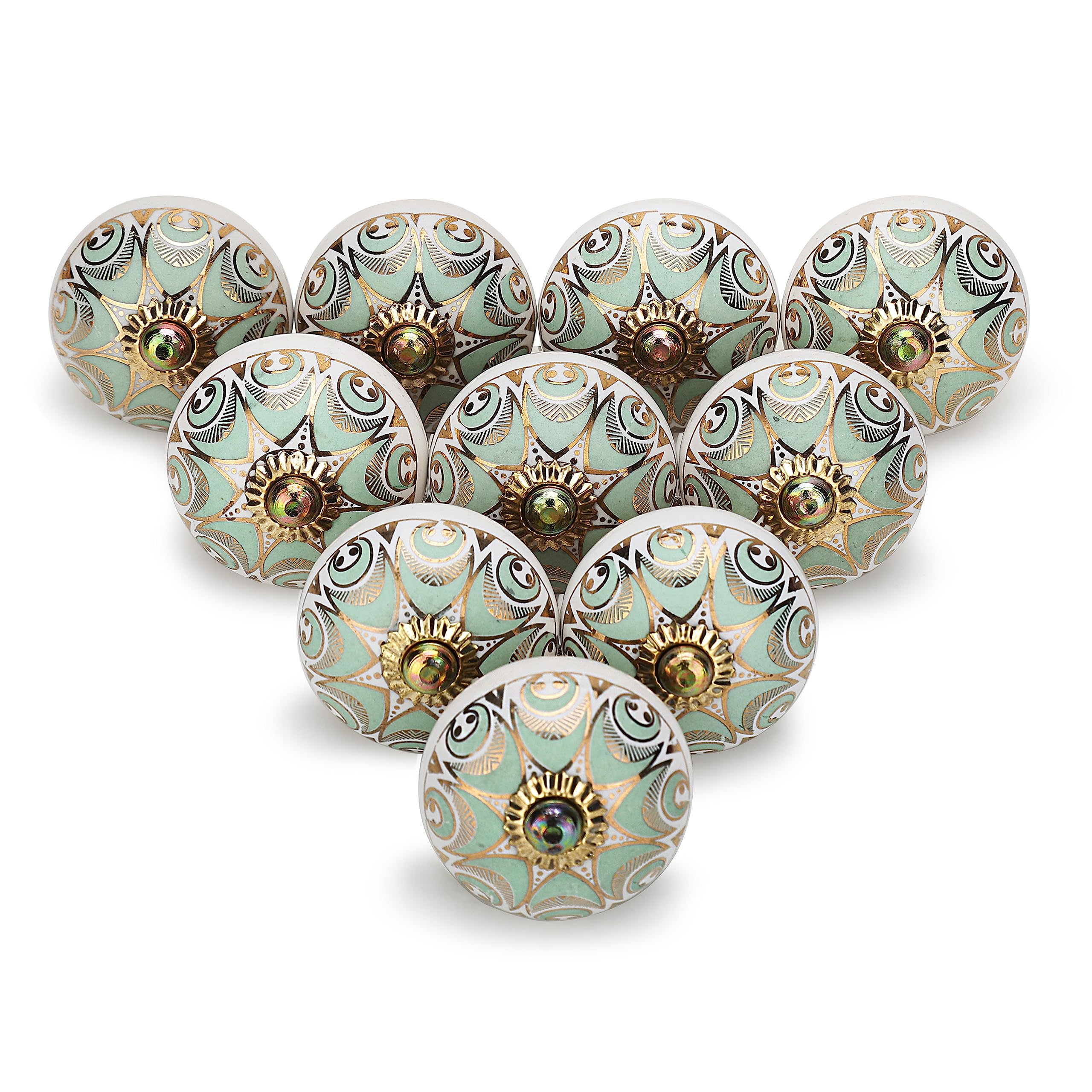 FURNISHFUL FINESSE Kithcen Cabinet Knobs 30 Piece Ceramic Knob for Cupboard, Boho Dresser Drawer Pull Handle Assorted Wardrobe Knobs Farmhouse Decor Furniture Gold Pulls - Pack of 30, Light Green