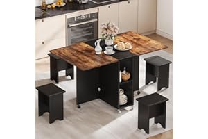 DWVO 5 Pieces Folding Extendable Dining Table Set with 4 Chairs for 4 Peoples, 55'' Drop Leaf Wood Kitchen Dining Room Table Set with Storage and 6 Wheels for Small Space Saving, Rustic Brown