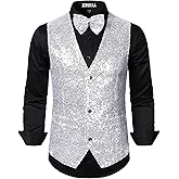 ZEROYAA Men's Sequin Vest Slim Fit 70s Shiny Waistcoat Bowtie Set Disco Prom Party Tuxedo