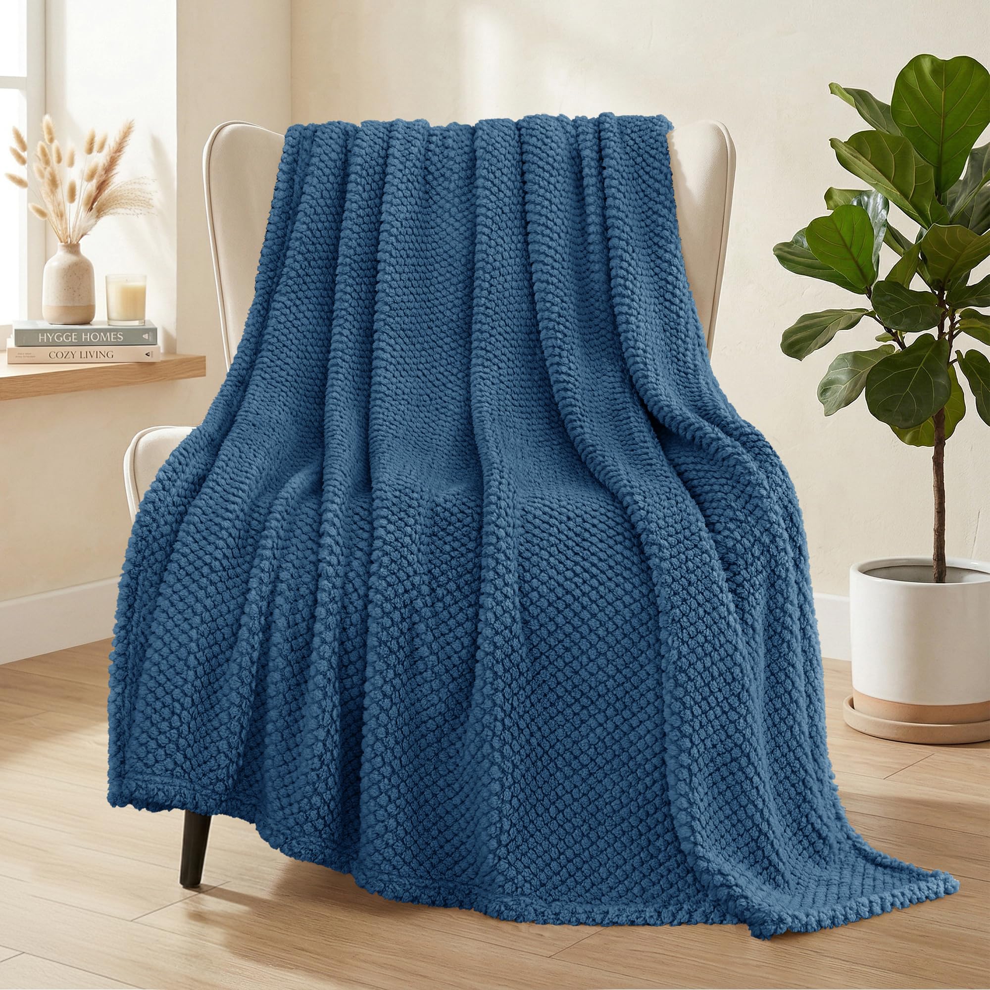 Whale Flotilla Large Fuzzy Fleece Throw Blanket for Sofa, 130x180 CM Fluffy Warm Soft Jacquard Blankets for All Season, Lightweight and Cozy, Navy Blue