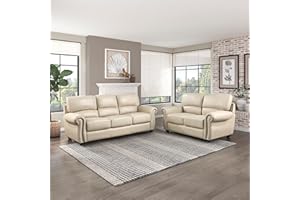 Lexicon Leather Match Sofa Set, Top Grain Leather Match Living Room Furniture Sets, Include Sofa Couch and Loveseat, 2-Piece Set, Cream
