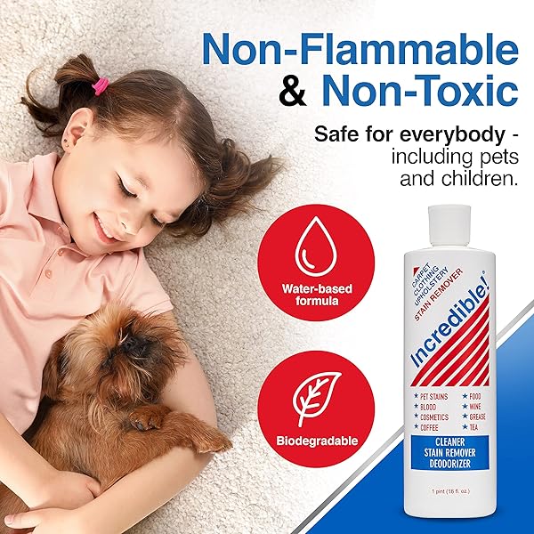 INCREDIBLE! STAIN REMOVER – STAIN REMOVER FOR CLOTHES, LAUNDRY, CARPETS, MATTRESS & UPHOLSTERY, REMOVES MOST HOUSEHOLD STAINS – PET STAINS, URINE, ODORS, RED WINE, COSMETICS & COFFEE! 16.OZ
