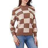 LemonGirl Off Shoulder Sweater Women Checkered Knit Pullover Round Neck Long Sleeve Autumn Casual Top