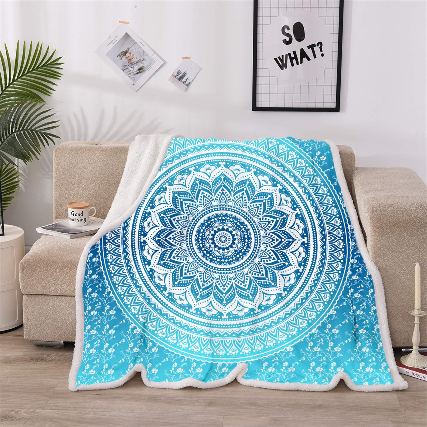 A Nice Night Sherpa Bohemian Mandala Print LightBlue Fleece Blanket Twin Size Plush Throw Blanket Fuzzy Soft Blanket Microfiber (Boho-Blue, Twin(60x80 Inch))
