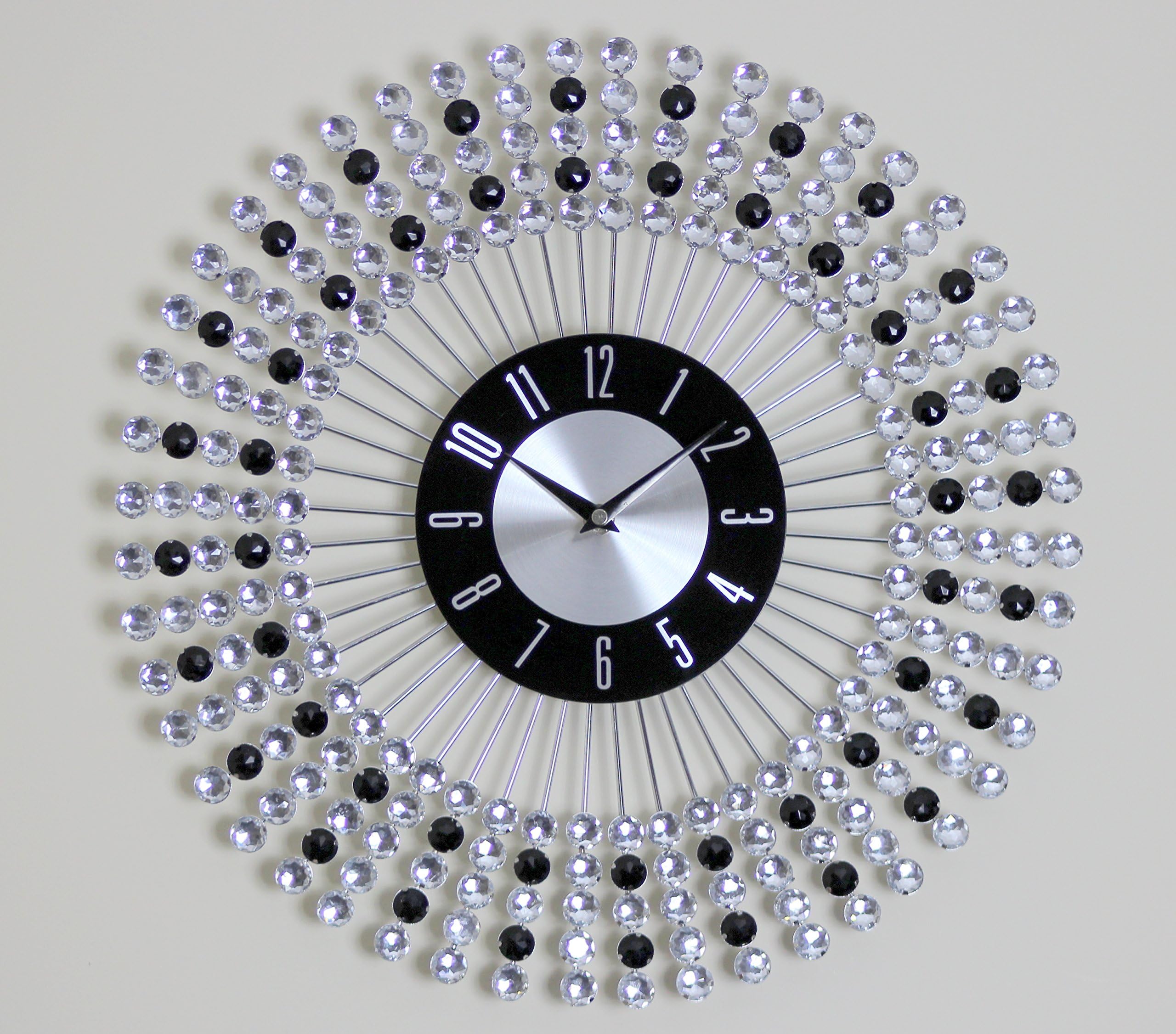 43cm Clear Black Diamante Beaded Jeweled Round Sunburst Metal Wall Clock 136