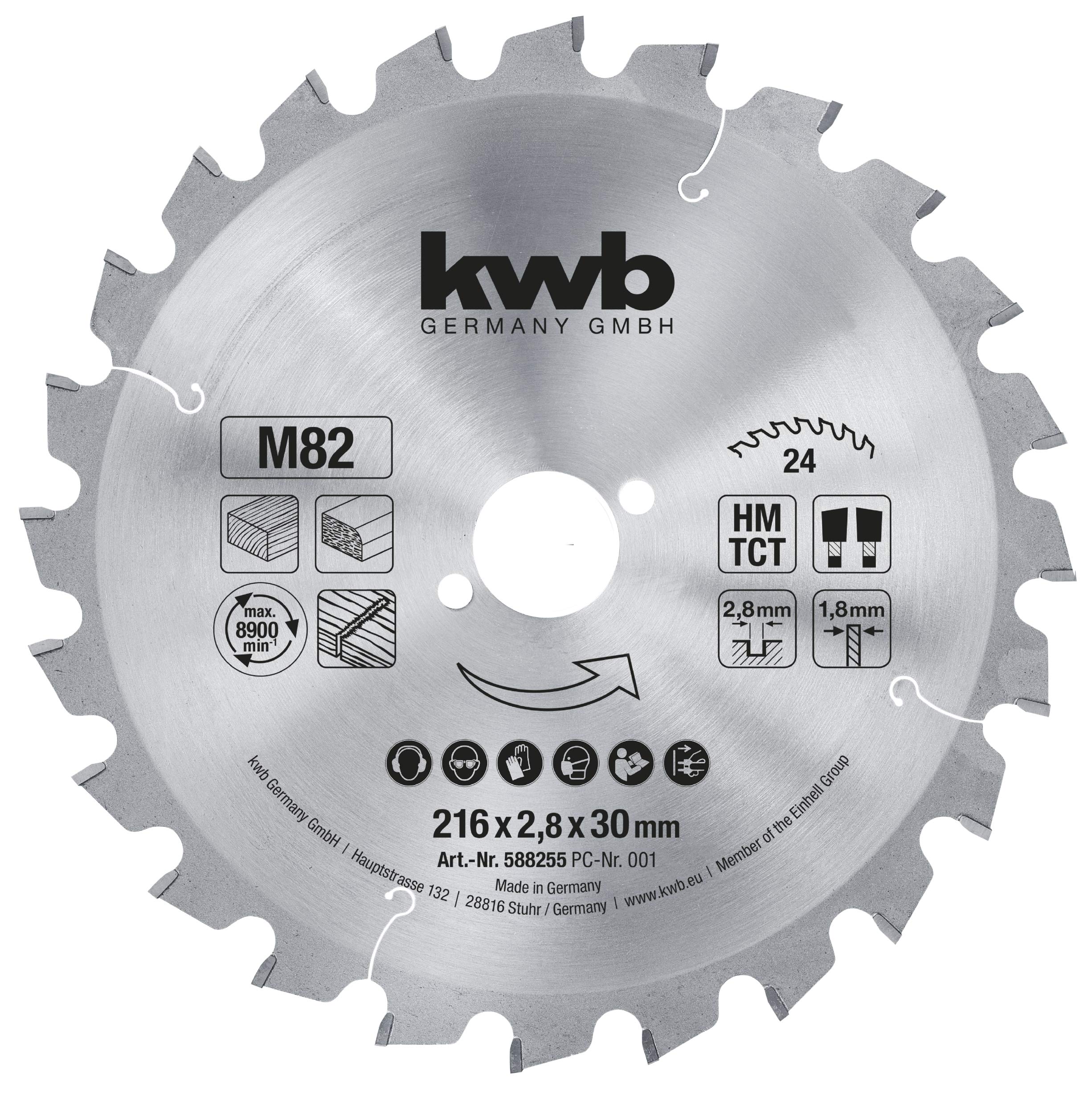 kwb 588255 Professional chipboard Circular saw leaf, wood / hardwood saw blade, 216 x 30 mm, clean cuts, middle number, 24 teeth Z-24, Made in Germany