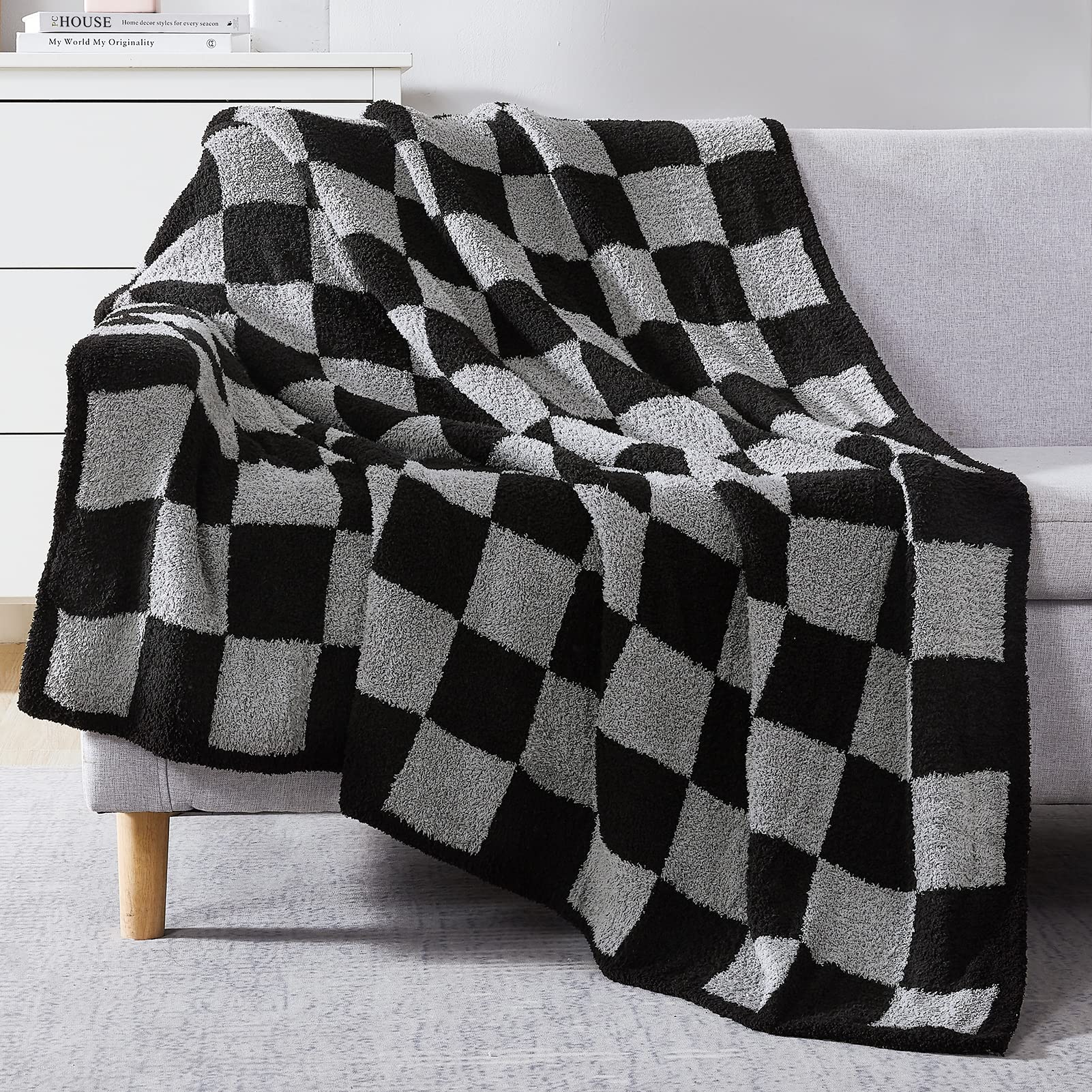 Photo 1 of WRENSONGE Checkered Throw Blanket, Black Grey Checkered Soft Cozy Fluffy Warm Hand Made Throw Blankets for Couch, Sofa, Chair, Bed, Picnic,Travel Lightweight Bed Blankets for Men