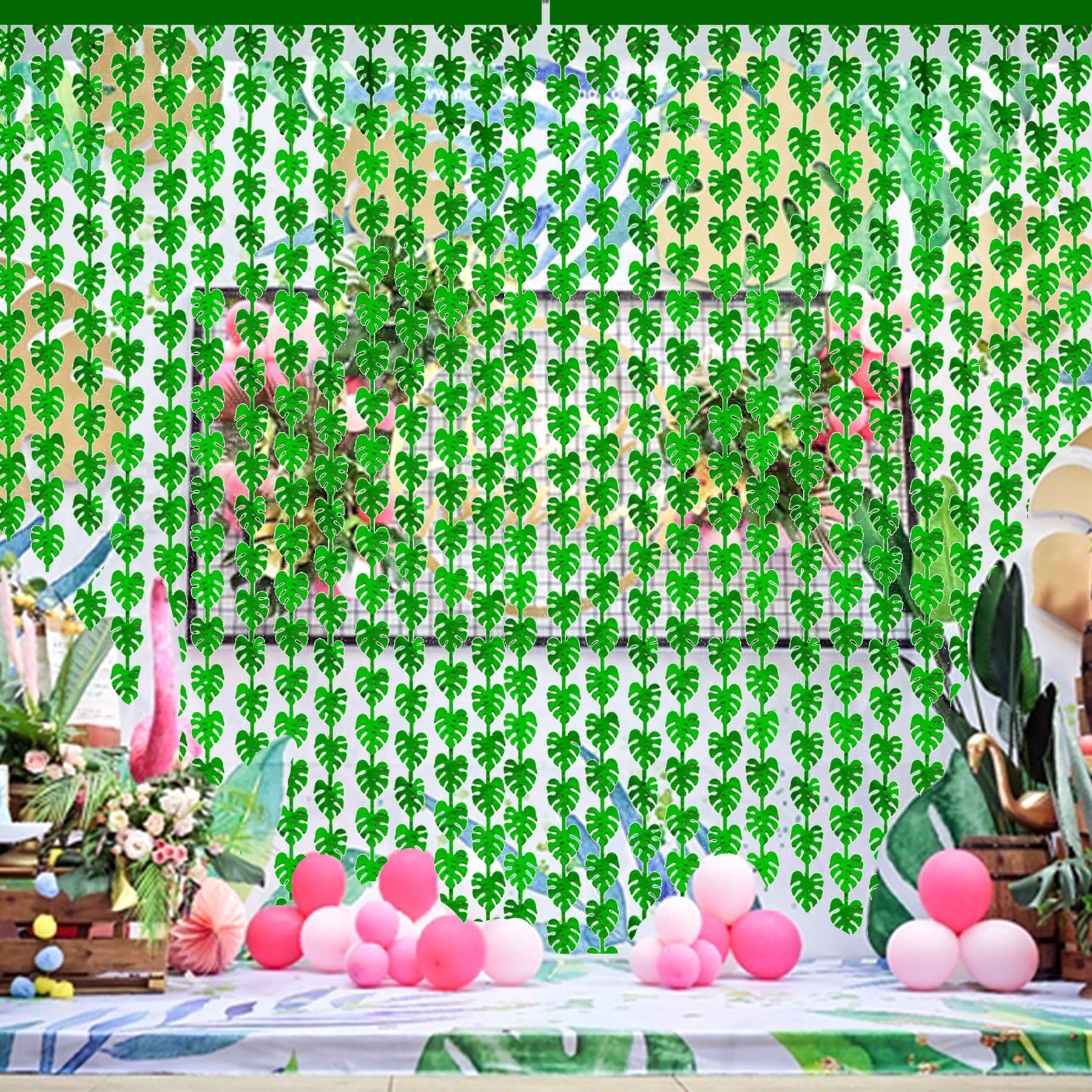 MAIGO 2 Pieces Green Palm Leaves Foil Fringe Curtains Hawaiian Party Decorations Jungle Theme Party Decorations Tropical Jungle Decorations