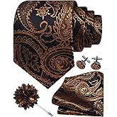 GUSLESON Paisley Tie Set for Men 3.15" Necktie Lapel Pin Hankerchief Cufflinks Set for Men