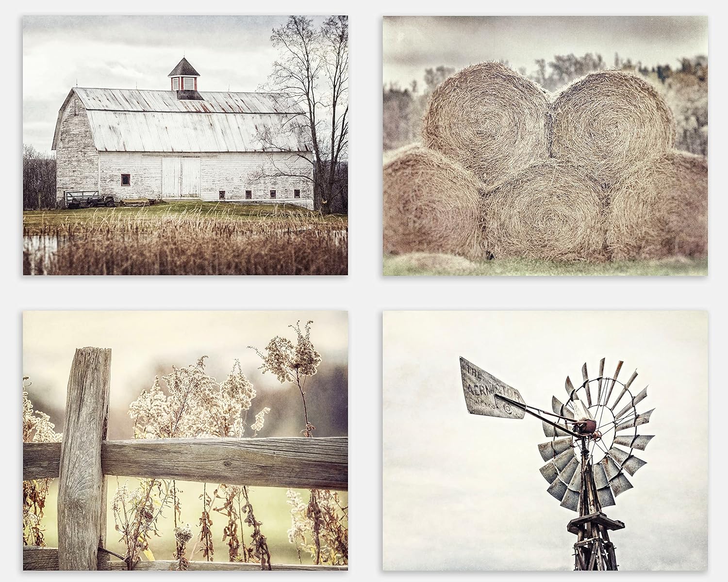 Photographs - Lisa Russo Fine Art - Farmhouse Wall Decor Set of 4 Country Rustic Landscape Photographs - Barn, Fence, Hay, Windmill - Set of 4 - Not Framed - Beige, Tan, White (4 11x14 Prints)